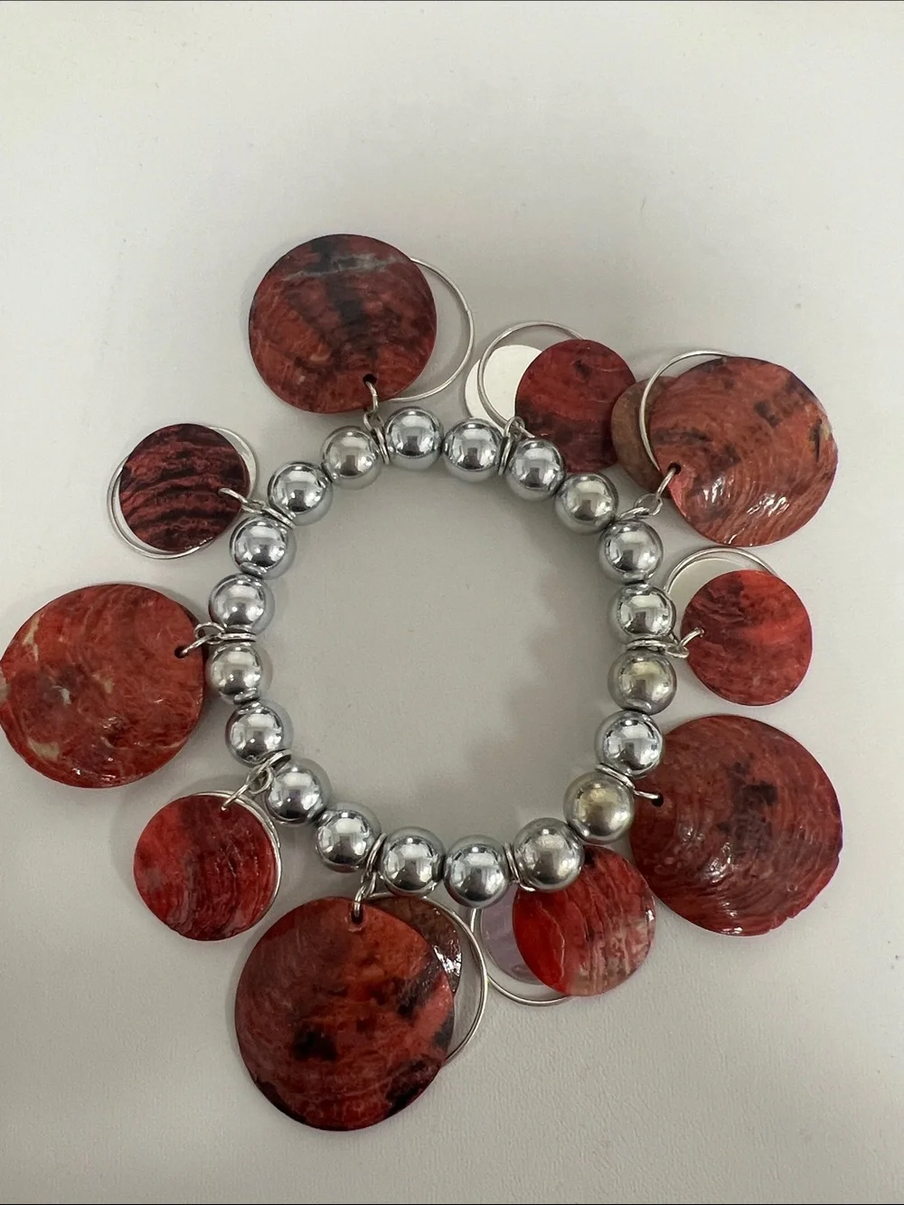 Silver Bead Bracelet with Red Shell Discs